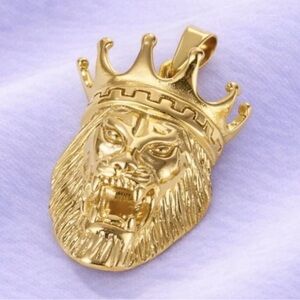 18k Gold Plated 925 Stainless Steel Lion Head Crown Pendant Charm Jewelry